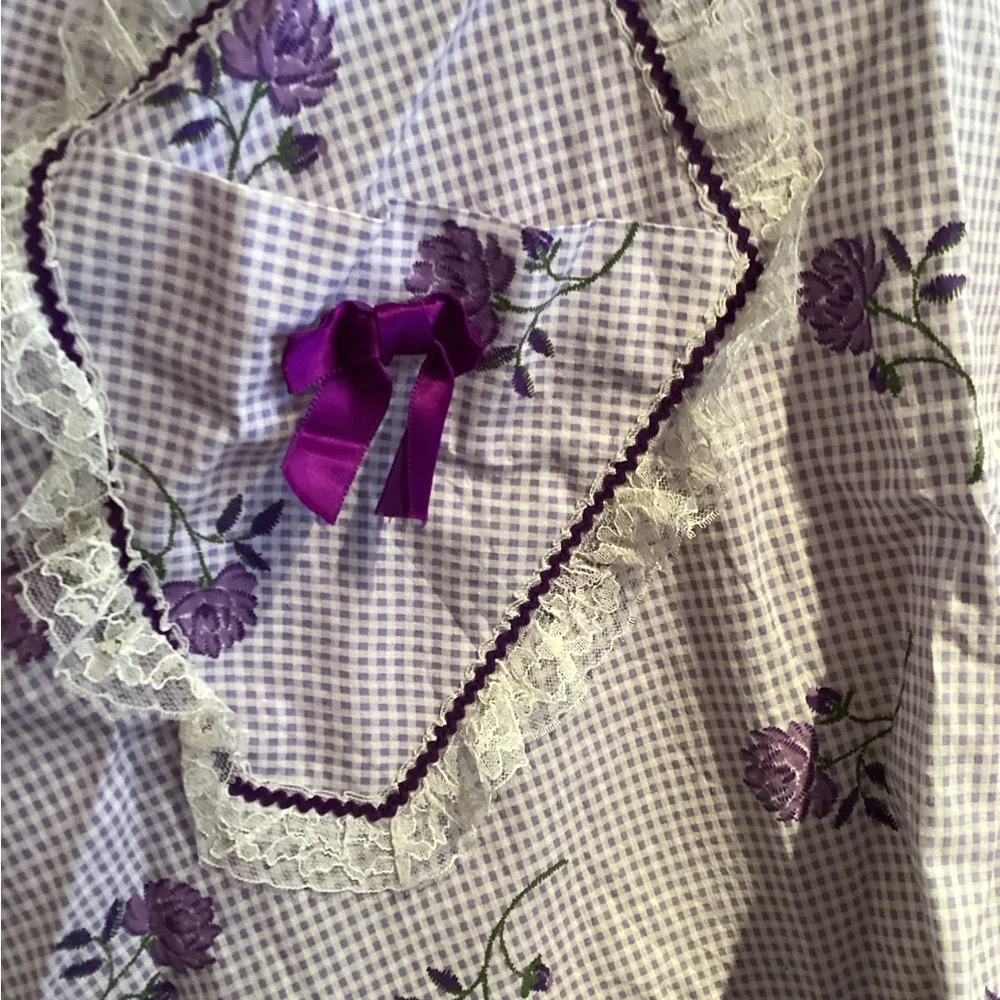 Vintage Handmade Purple Floral and Gingham Half Apron with White Lace Trim